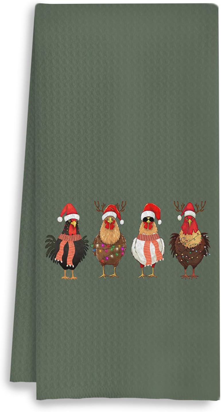 COWEB Chicken Christmas Kitchen Towels, Gifts for Chicken Lovers, Farmhouse Christmas Hen Rooster Holiday Decorative Dish Tea Hand Towels for Kitchen Bathroom, 16x24 Inches - Image 1